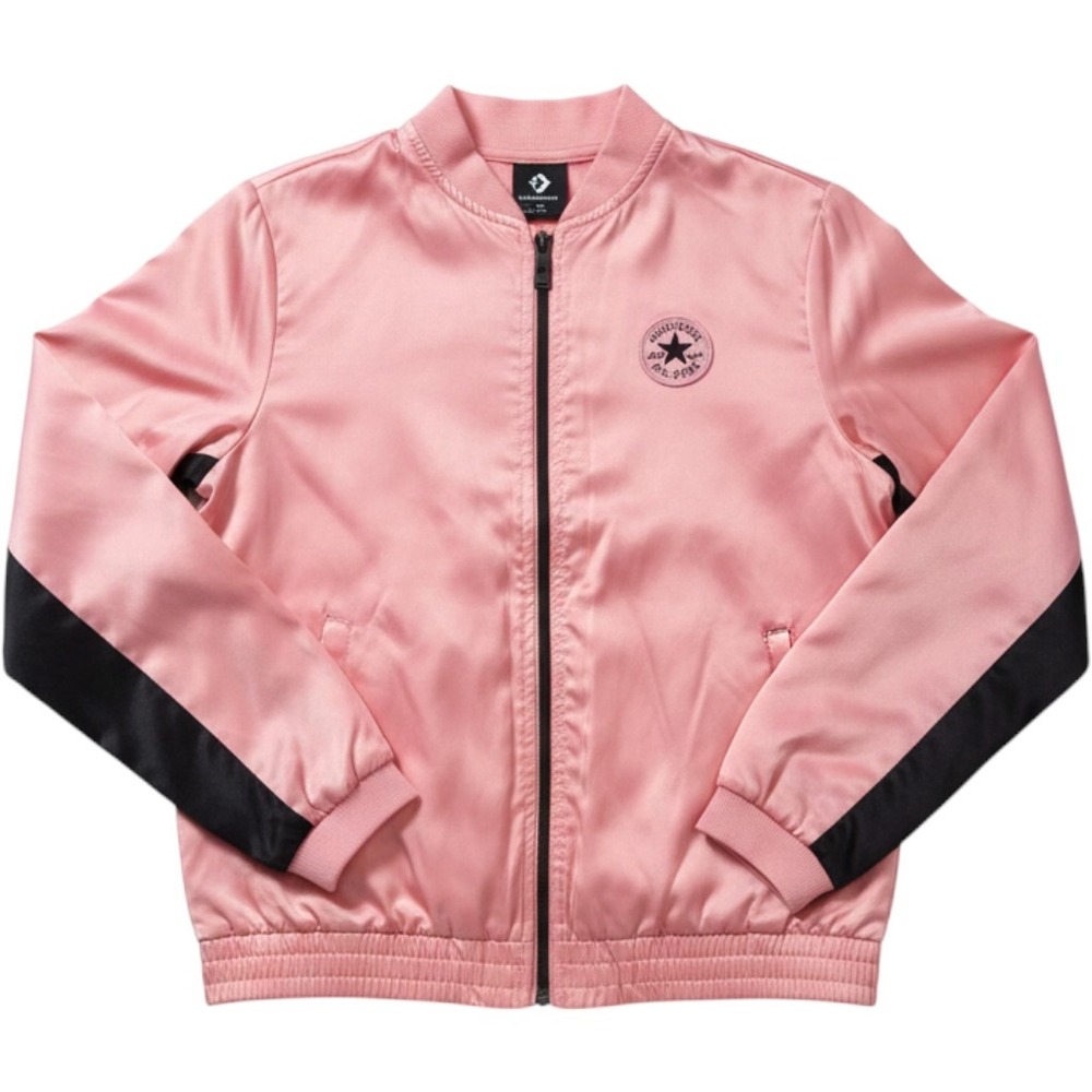 Converse Kids XL Pink Satin Bomber Jacket Chuck Taylor Script Logo Full Zip